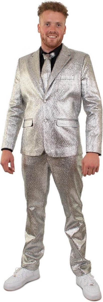 Glitter & Glamour Kostuum | Zilver Metallic Space Man 3-Delig Kostuum | Maat 46 | Carnaval kostuum | Verkleedkleding